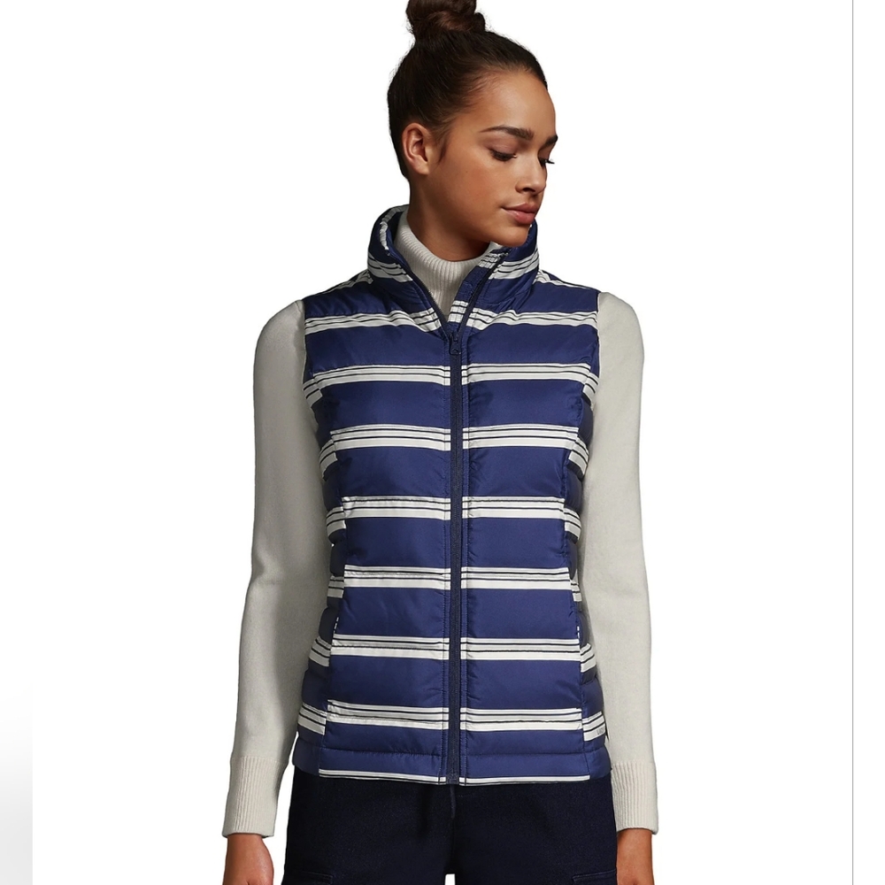 Lands' End Blue and White Striped Down Vest XS